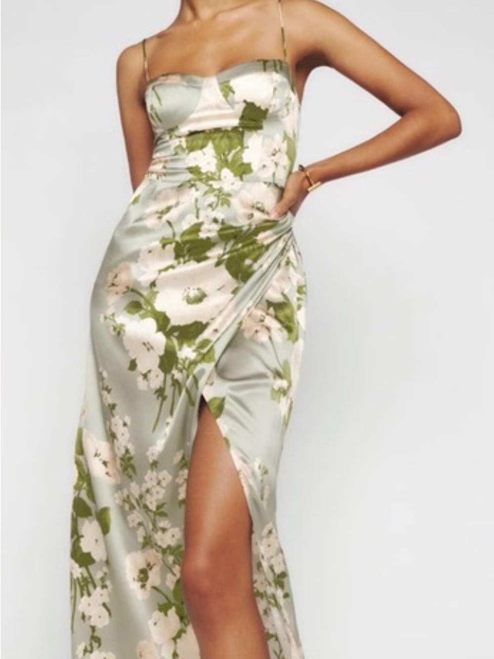 Reformation Marguerite Tarragon Floral Satin Strapless Slip Dress with Side Slit